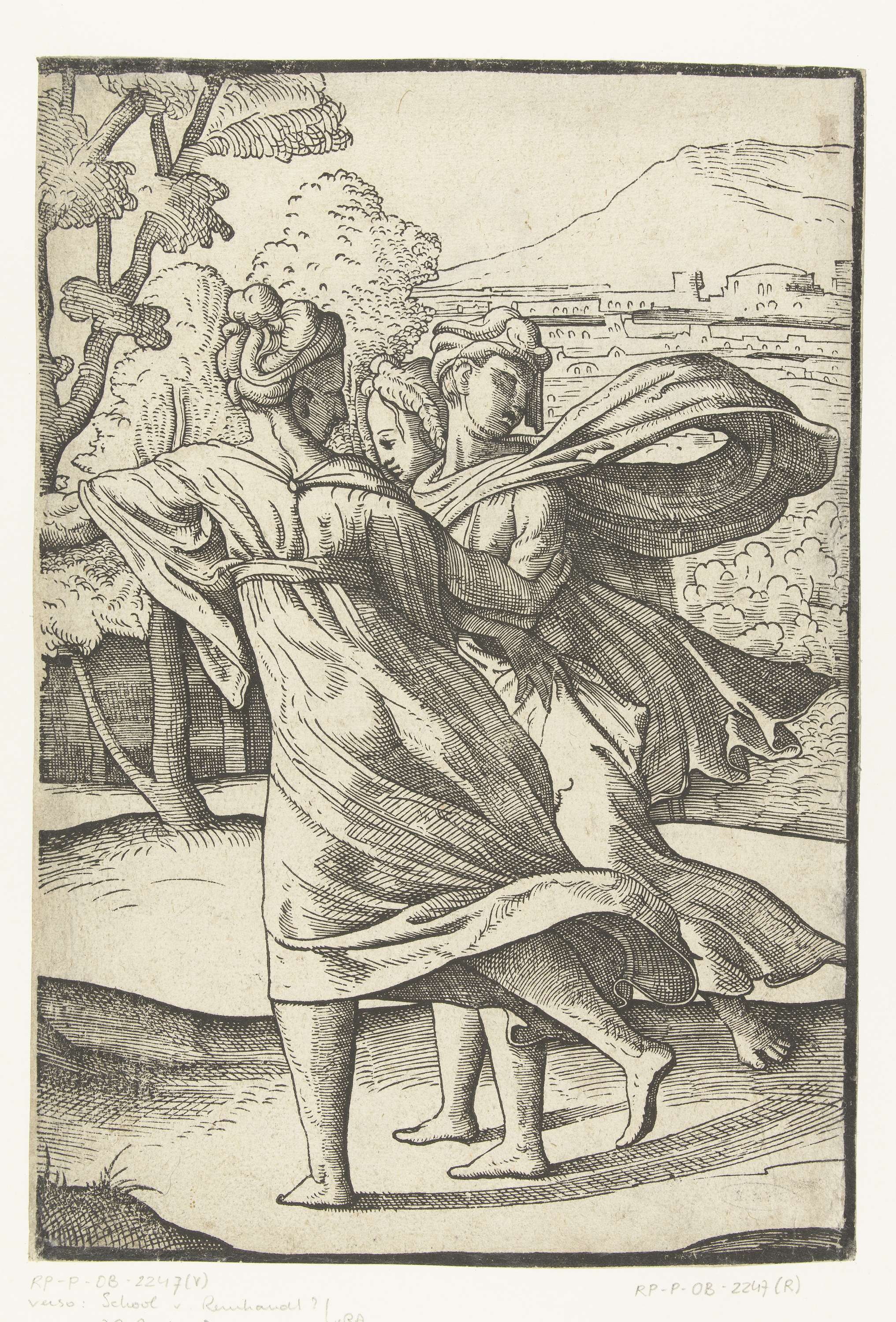 Drie rennende vrouwen, etching by Jan van Scorel depicting three women in motion.