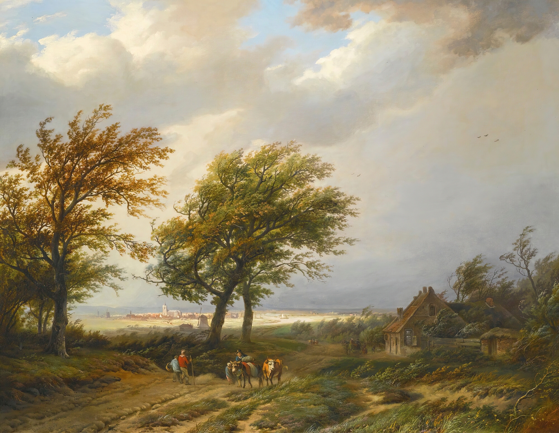 Windswept landscape with travelers, oil painting by Willem Bodeman