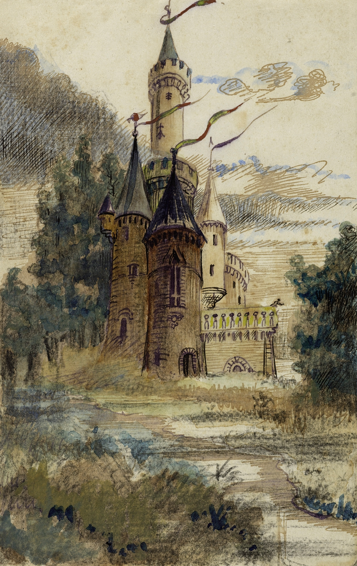 Landscape with a castle and river, oil on canvas by Arthur-Joseph Gueniot