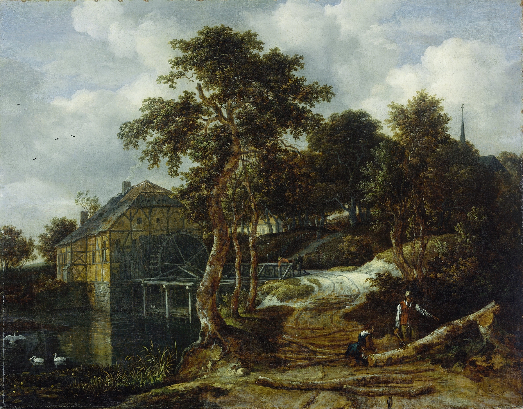 Landscape with watermill by Jacob van Ruisdael, oil painting depicting a serene river and lush greenery.