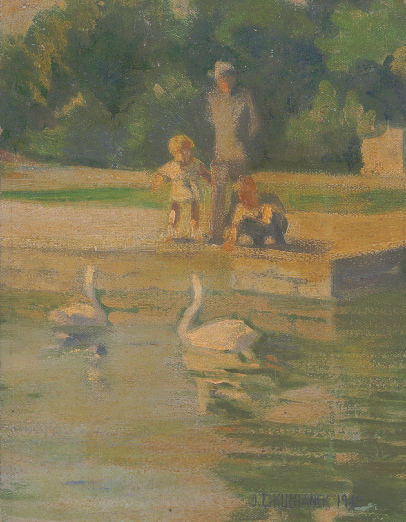 Water Fowl Lake Brookside Park by James C. Kulhanek, impressionism, depicting a tranquil lake and surrounding trees