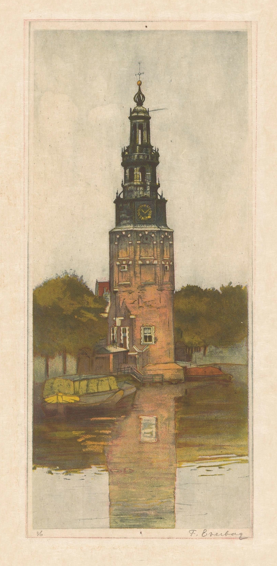 Montelbaanstoren in Amsterdam by Frans Everbag, oil painting depicting a tower against a cityscape
