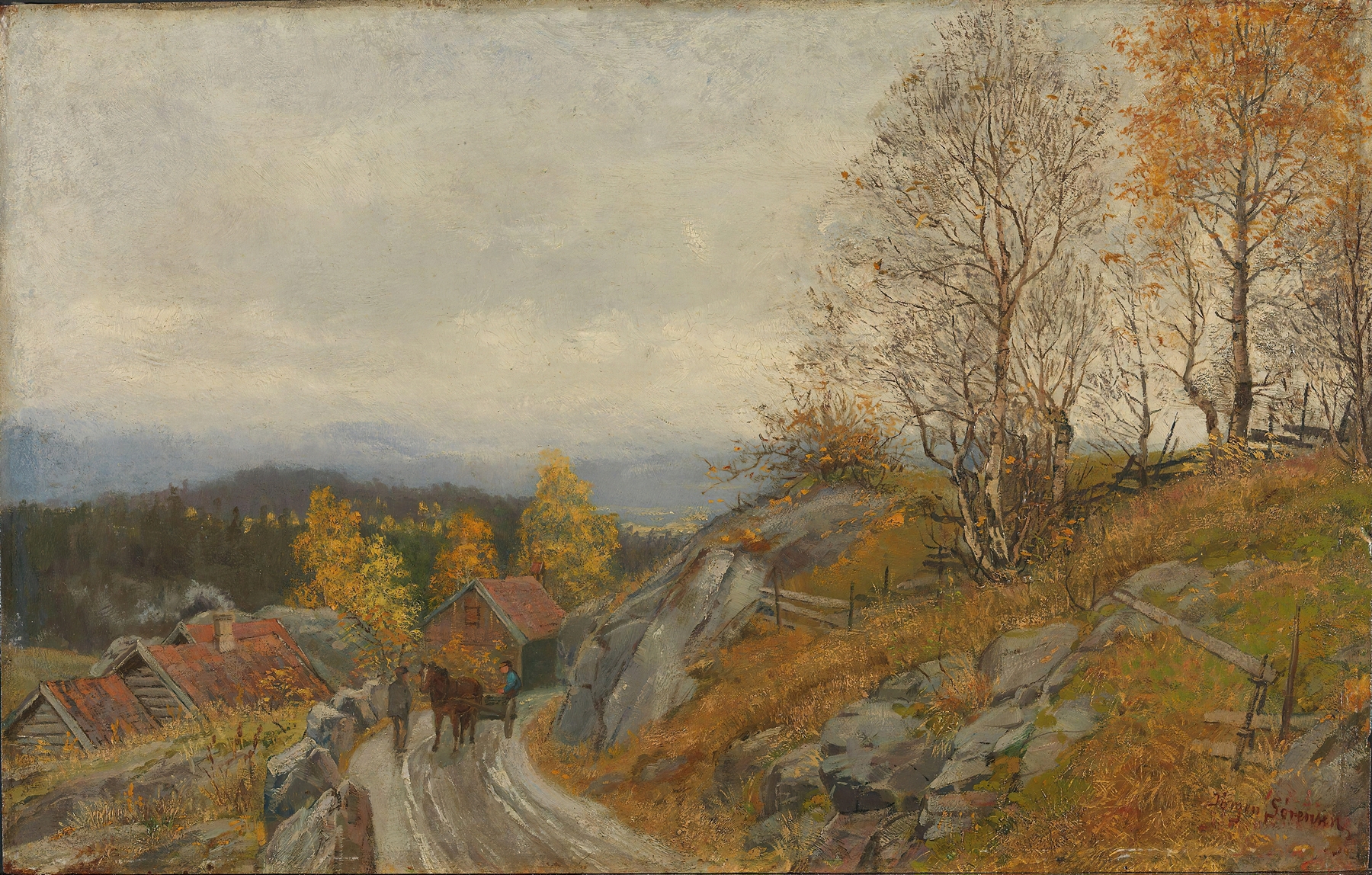 Landscape view featuring hills and a lake by Jørgen Sørensen, oil painting