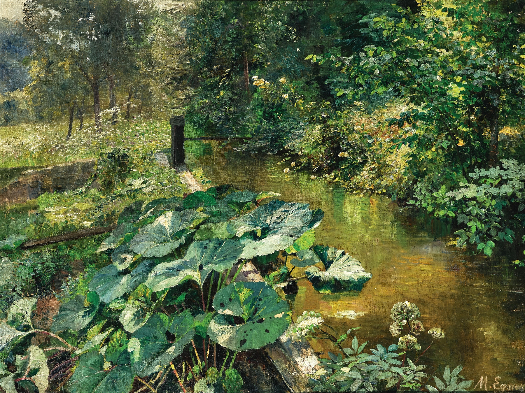 Huflattich by Marie Egner, oil painting featuring vibrant flowers and lush greenery.