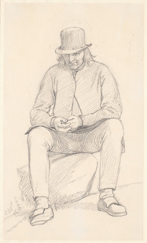 A Swedish peasant sits on a stone, depicting rural life.