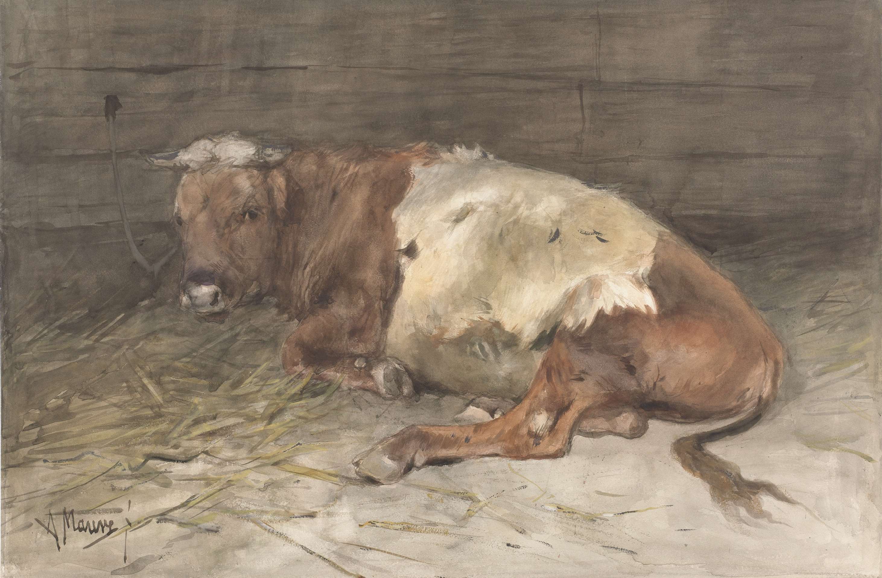 Liggende jonge stier, by Anton Mauve, public domain