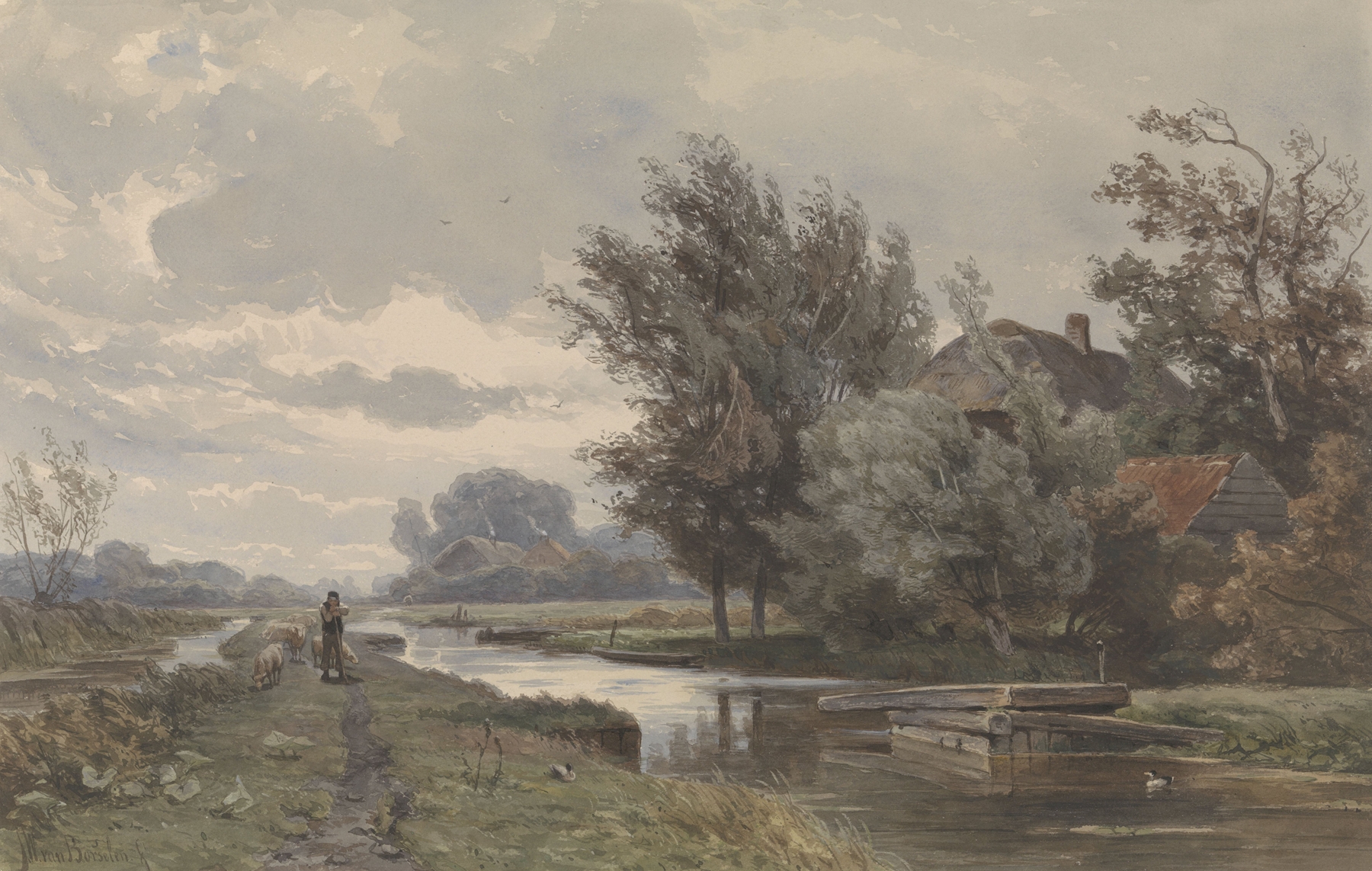 Herder met schapen bij boerderij aan water, oil on canvas by Jan Willem van Borselen