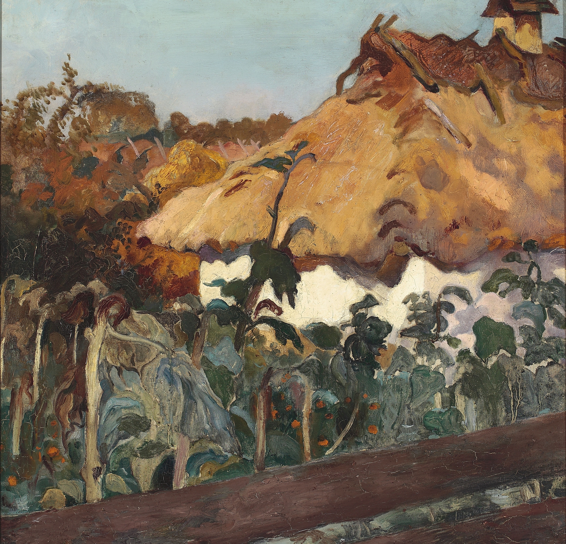Cottage landscape by Kazimierz Sichulski, oil painting, featuring twilight and trees.
