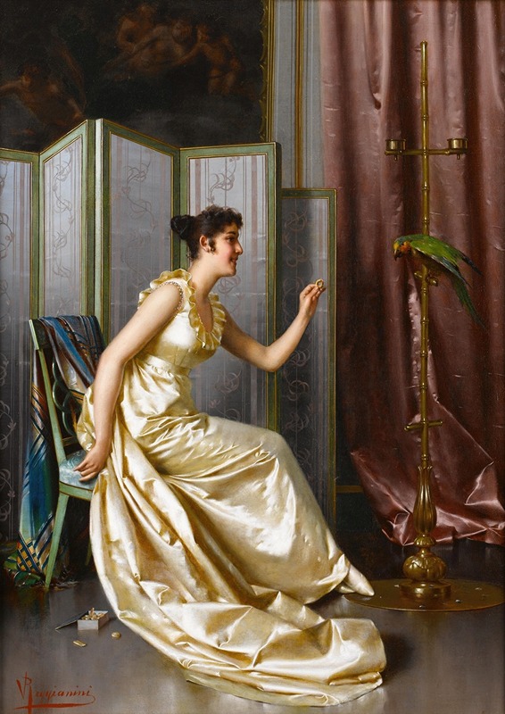A woman feeding a parrot in a beautifully detailed interior.
