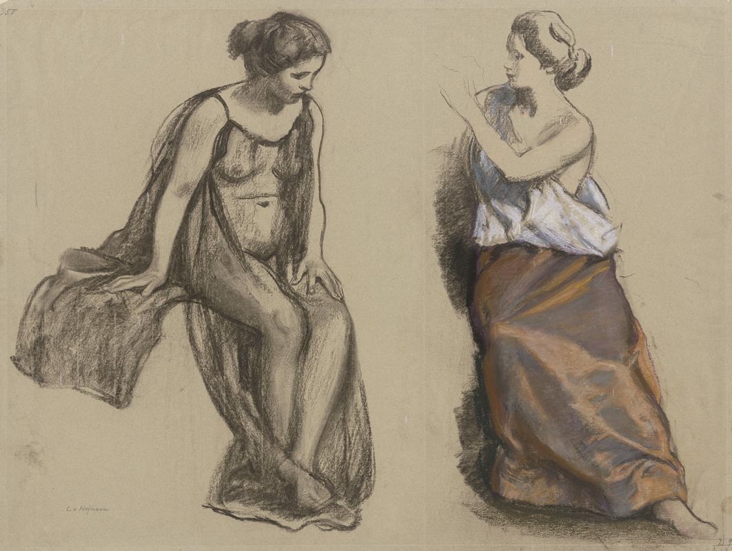 This artwork features two seated women in contrasting clothing.