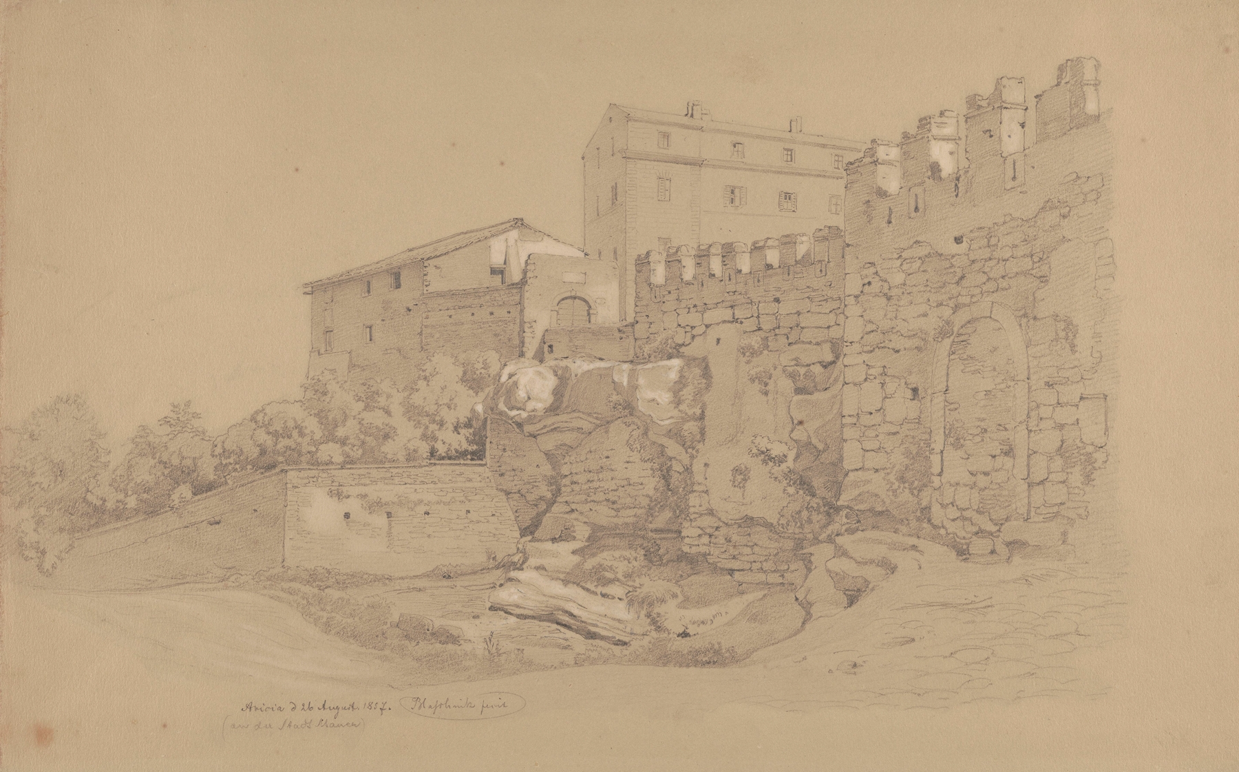 City Walls of Ariccia by Arthur Blaschnik, oil on canvas depicting rugged walls in golden light.