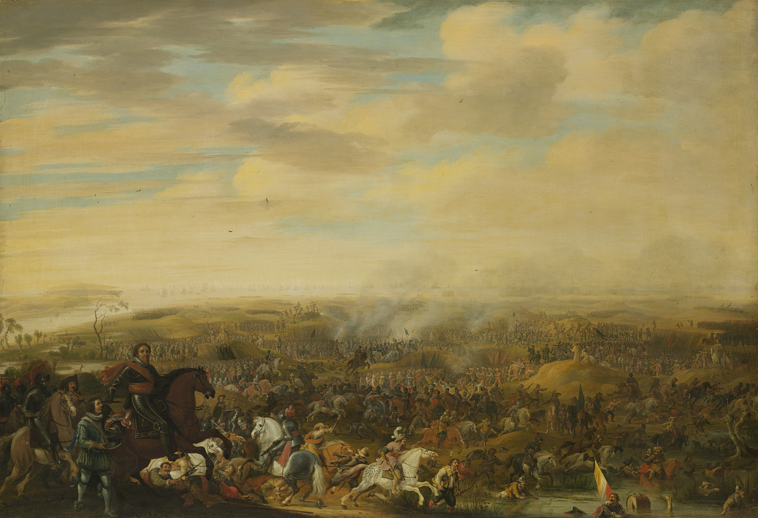 Historical oil painting by Pauwels van Hillegaert depicting Prince Maurice in battle.