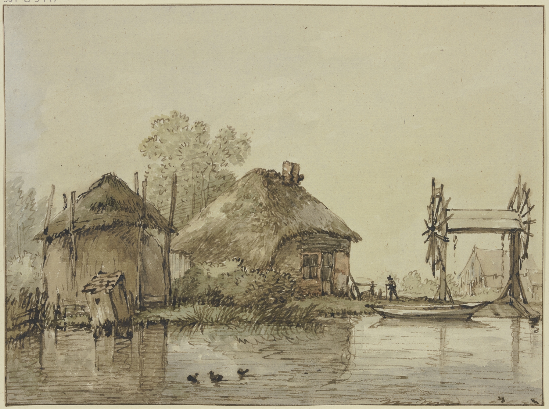 An einem Kanal ein Haus mit Scheune und eine Schleuse mit zwei Rädern, by Jan Hulswit, public domain