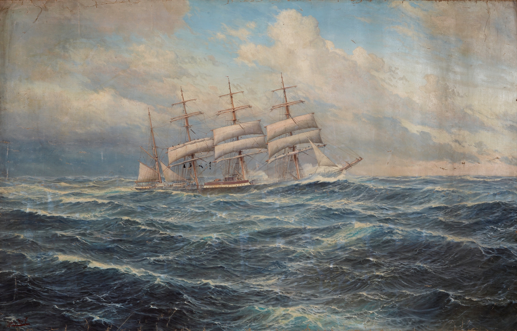 Seascape with a Ship by John Holst, oil on canvas depicting tranquil waters and a distant ship.