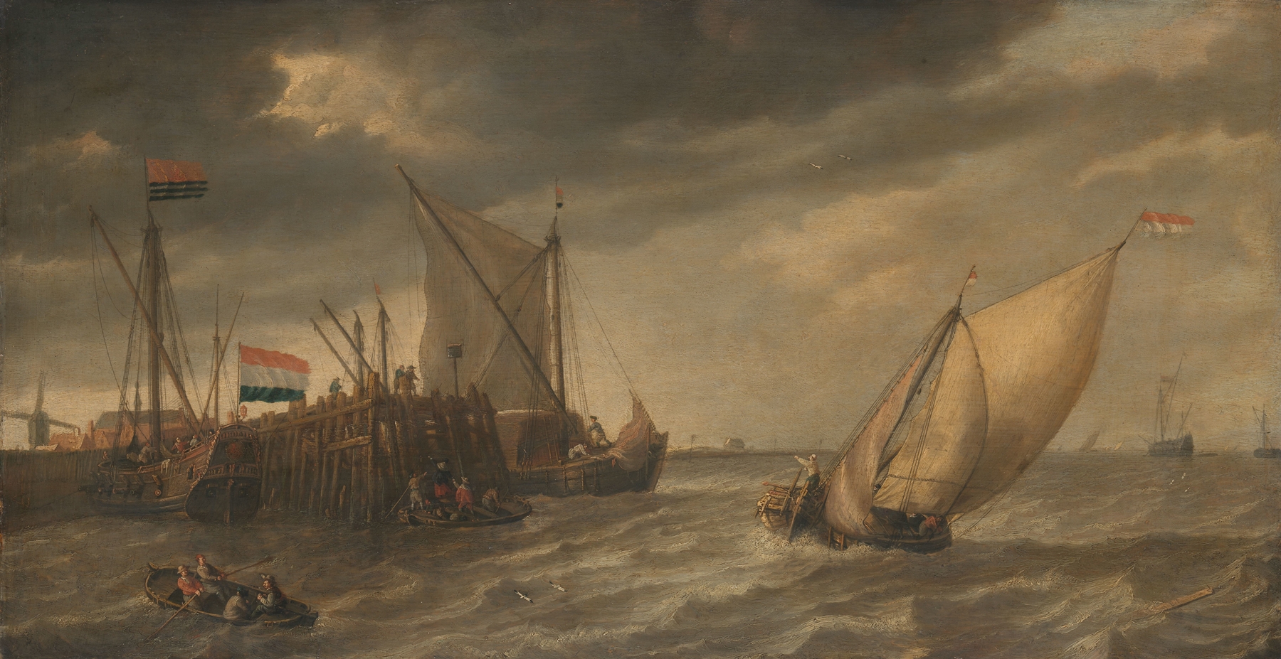 Marine scene of travellers at a jetty in strong winds, oil painting by Bonaventura Peeters the Elder.