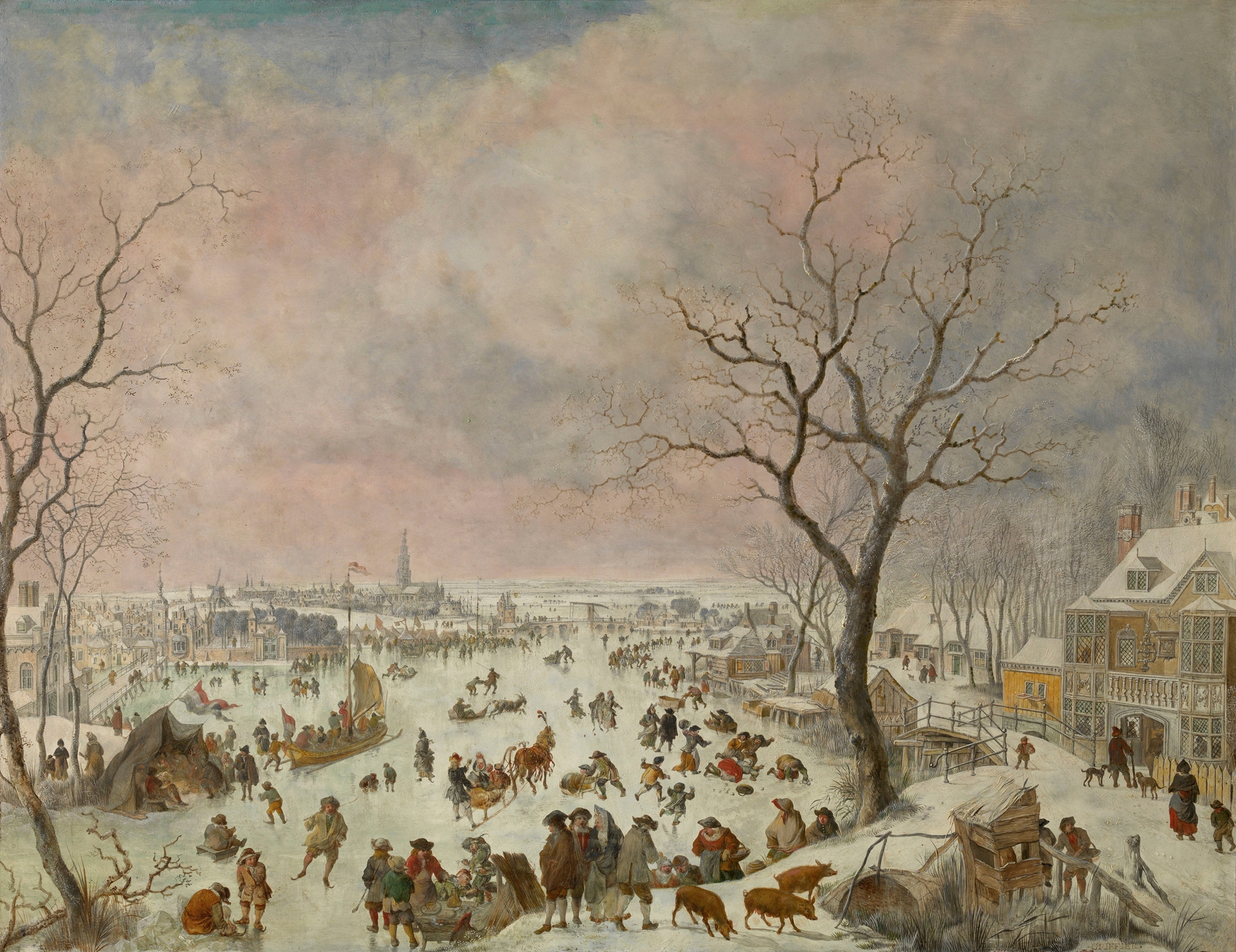 Winter Pleasures, genre scene by Jan Griffier, featuring figures in vibrant clothing amidst snow.