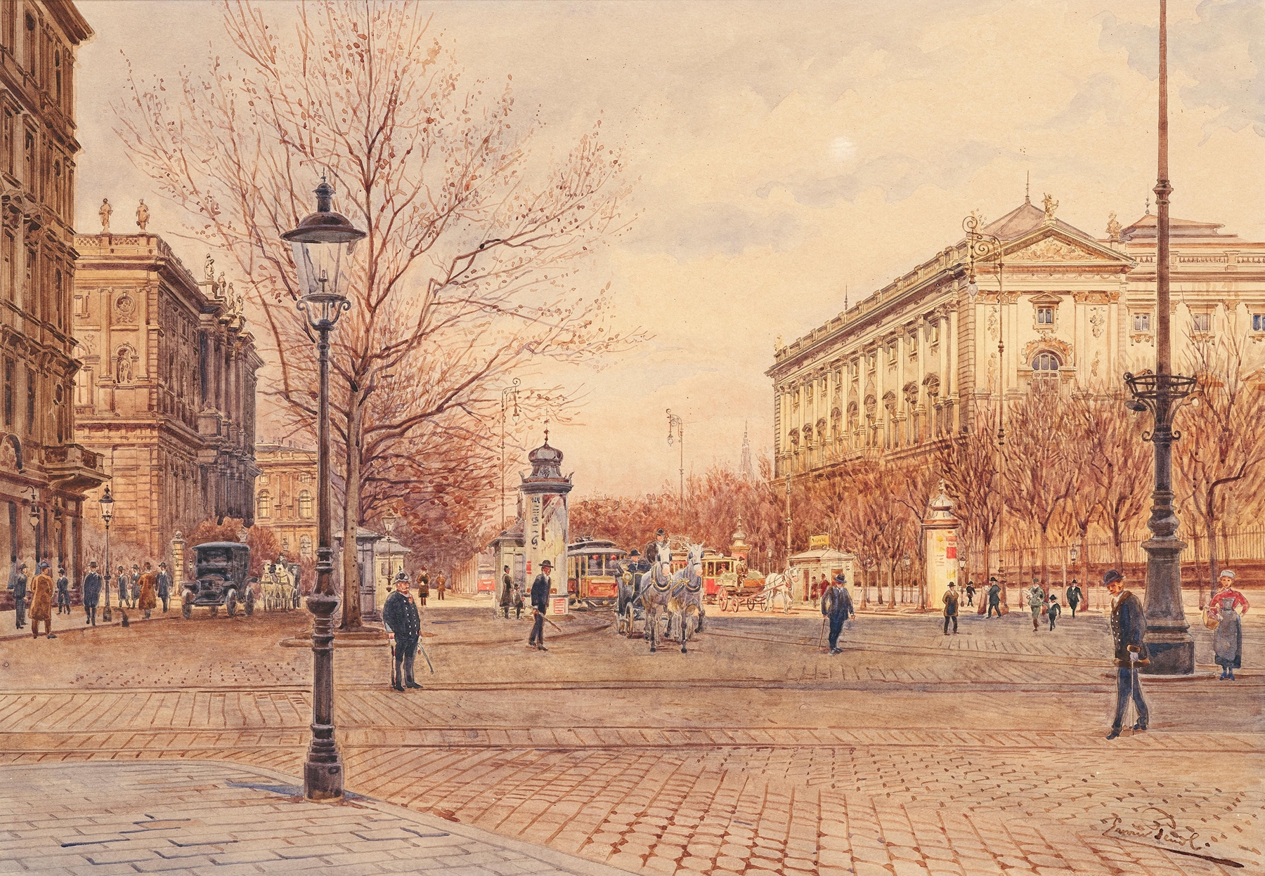 Genre scene depicting tramway and horse-drawn carriages by Erwin Pendl