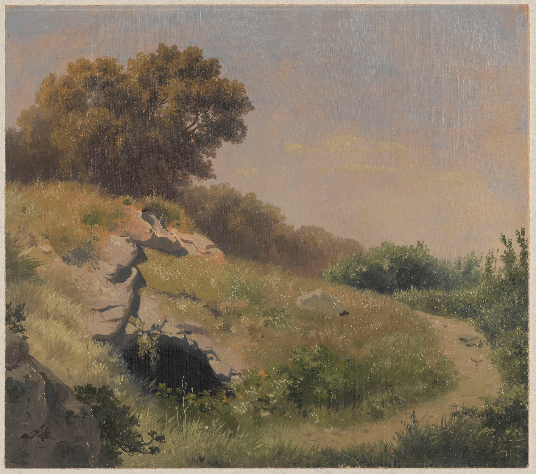 Landscape with a field road and rock cave, by Arthur Blaschnik, public domain