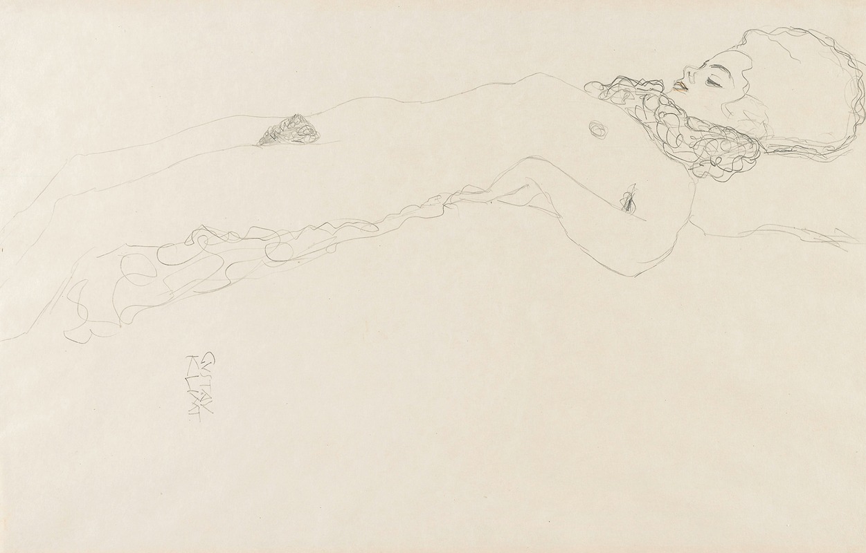 A nude girl with a ruff lies gracefully in this painting by Gustav Klimt.