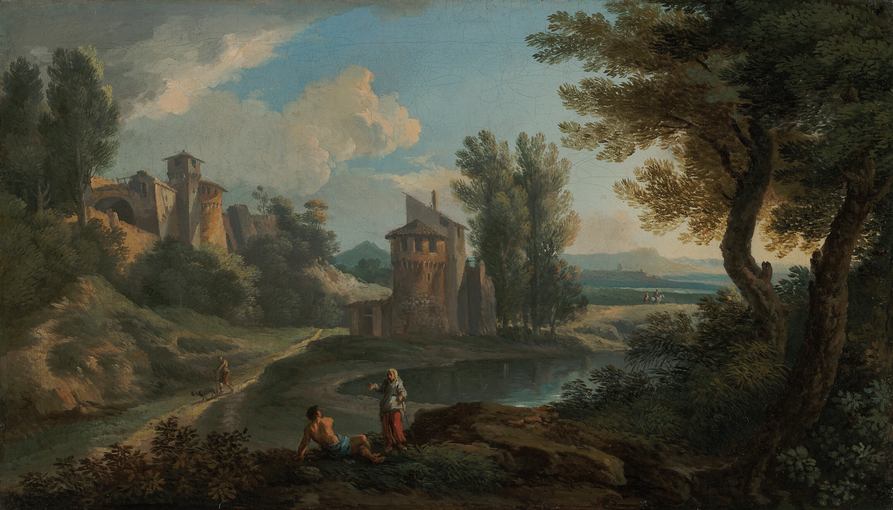 Landscape with travelers by a lake, oil painting by Andrea Locatelli