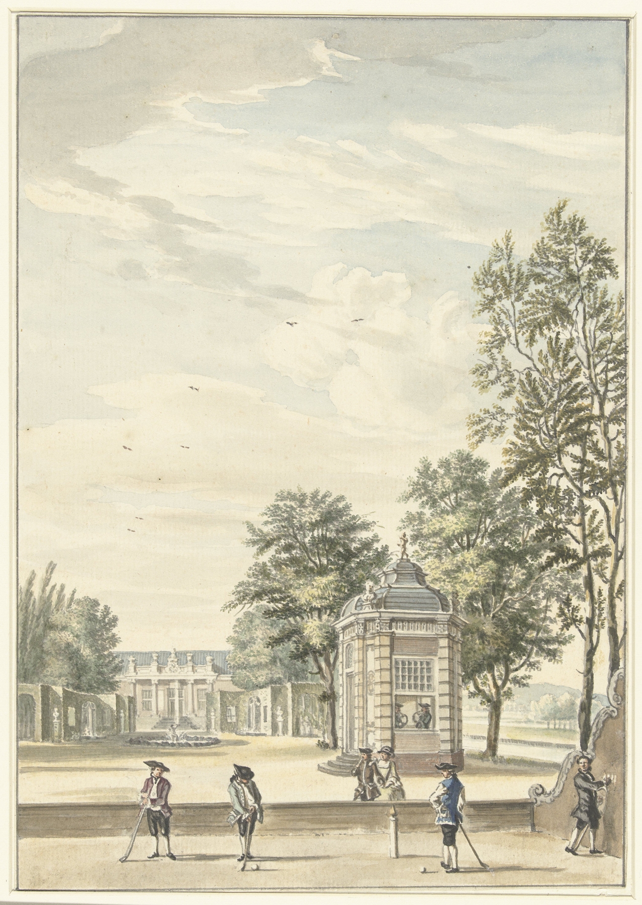 Gezicht op een buitenplaats met vier kolfspelers, by Cornelis Troost, public domain