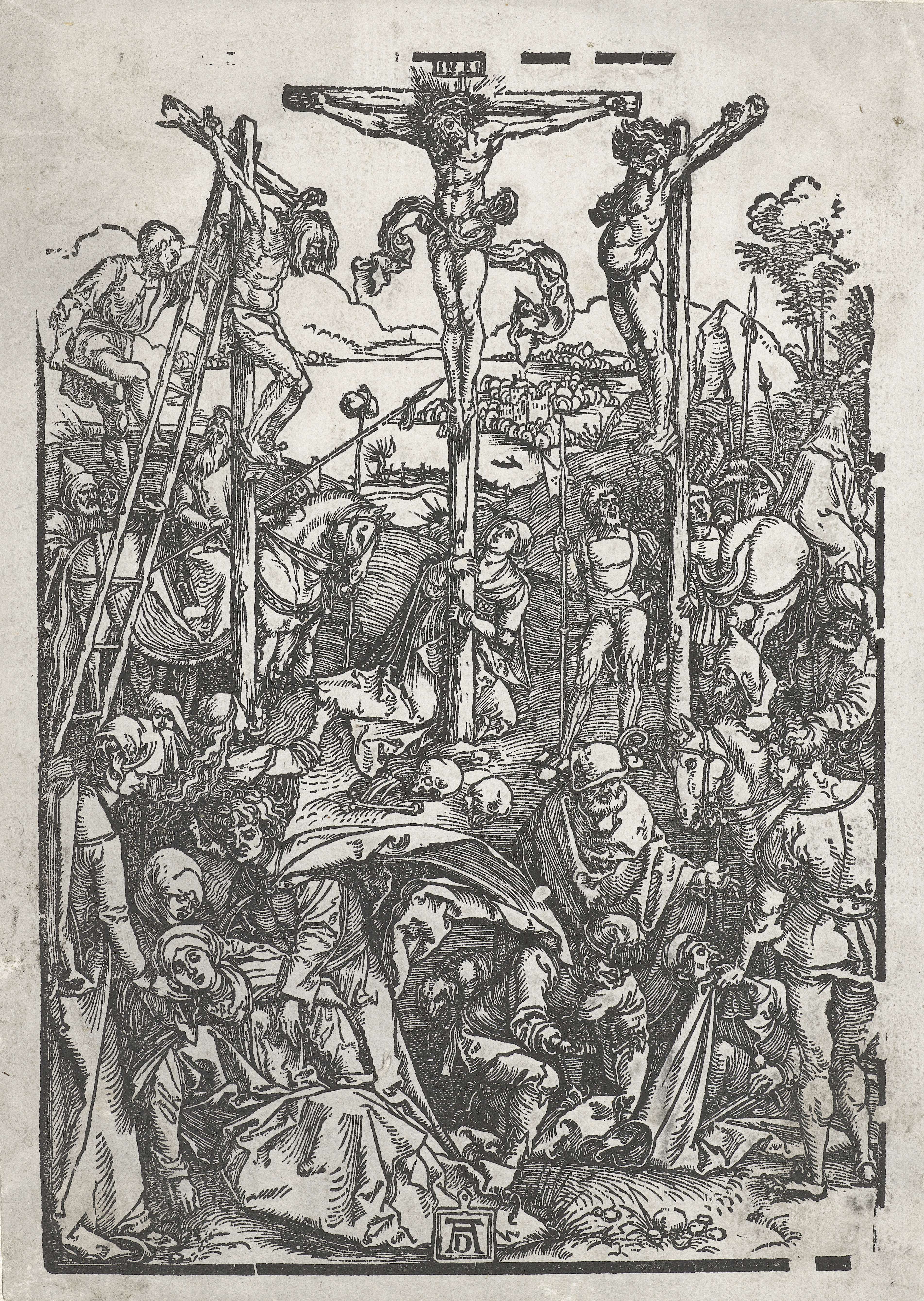 Kruisiging by Albrecht Dürer, etching on paper showing Christ's crucifixion in a dark landscape.