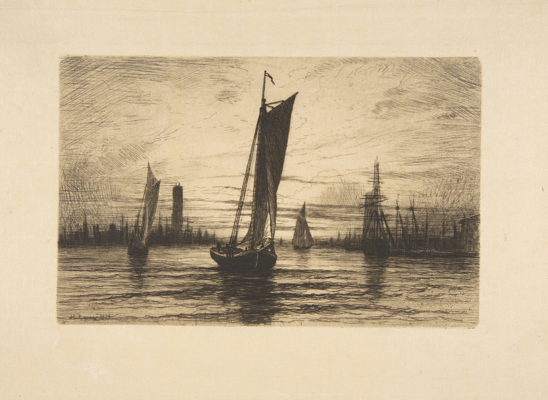 Sunset on the East River by Henry Farrer, oil painting depicting a river at twilight with dramatic clouds.