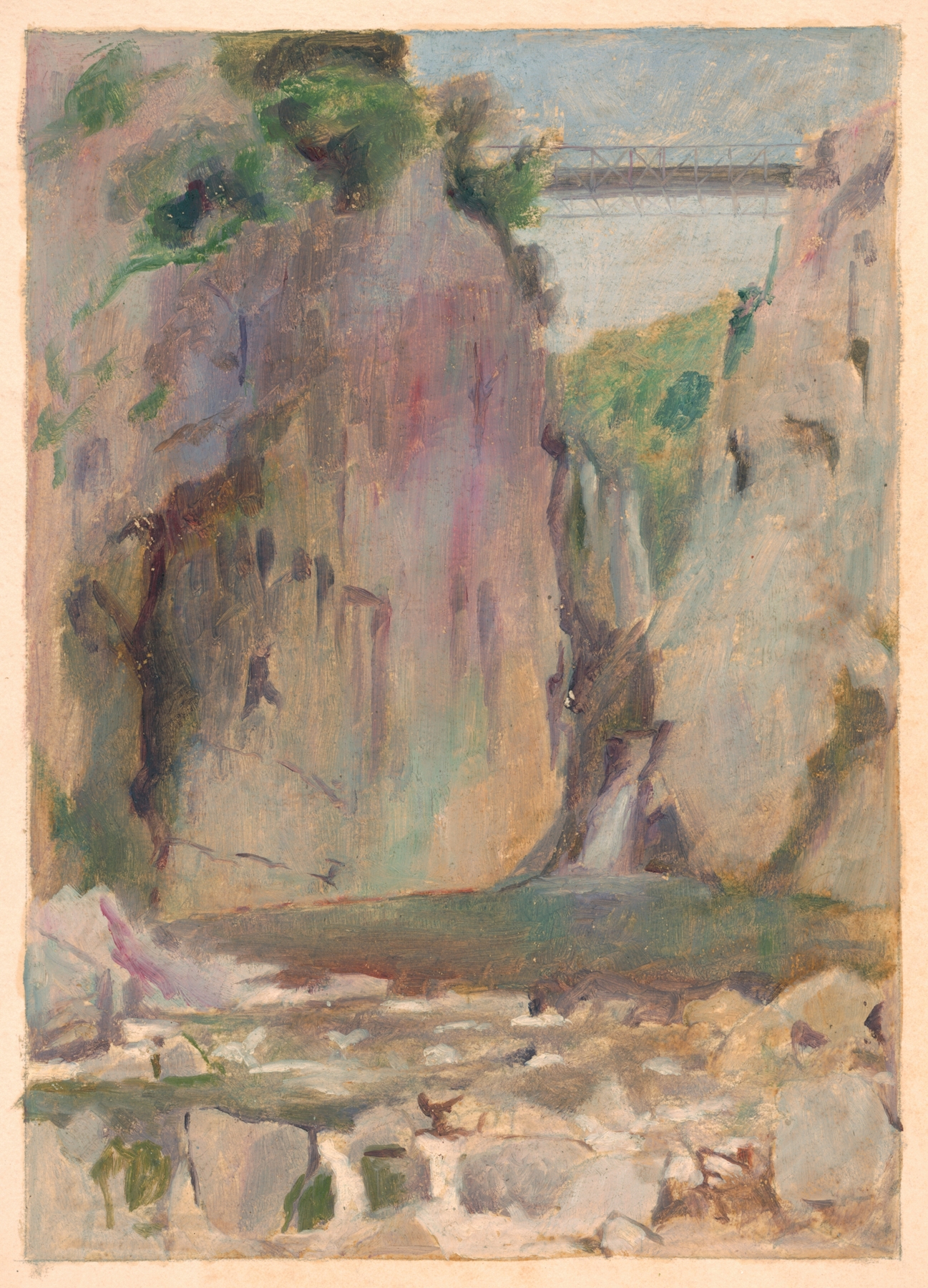Landscape with a Waterfall, oil on canvas by Dezider Czölder, depicting a serene waterfall and rocks.