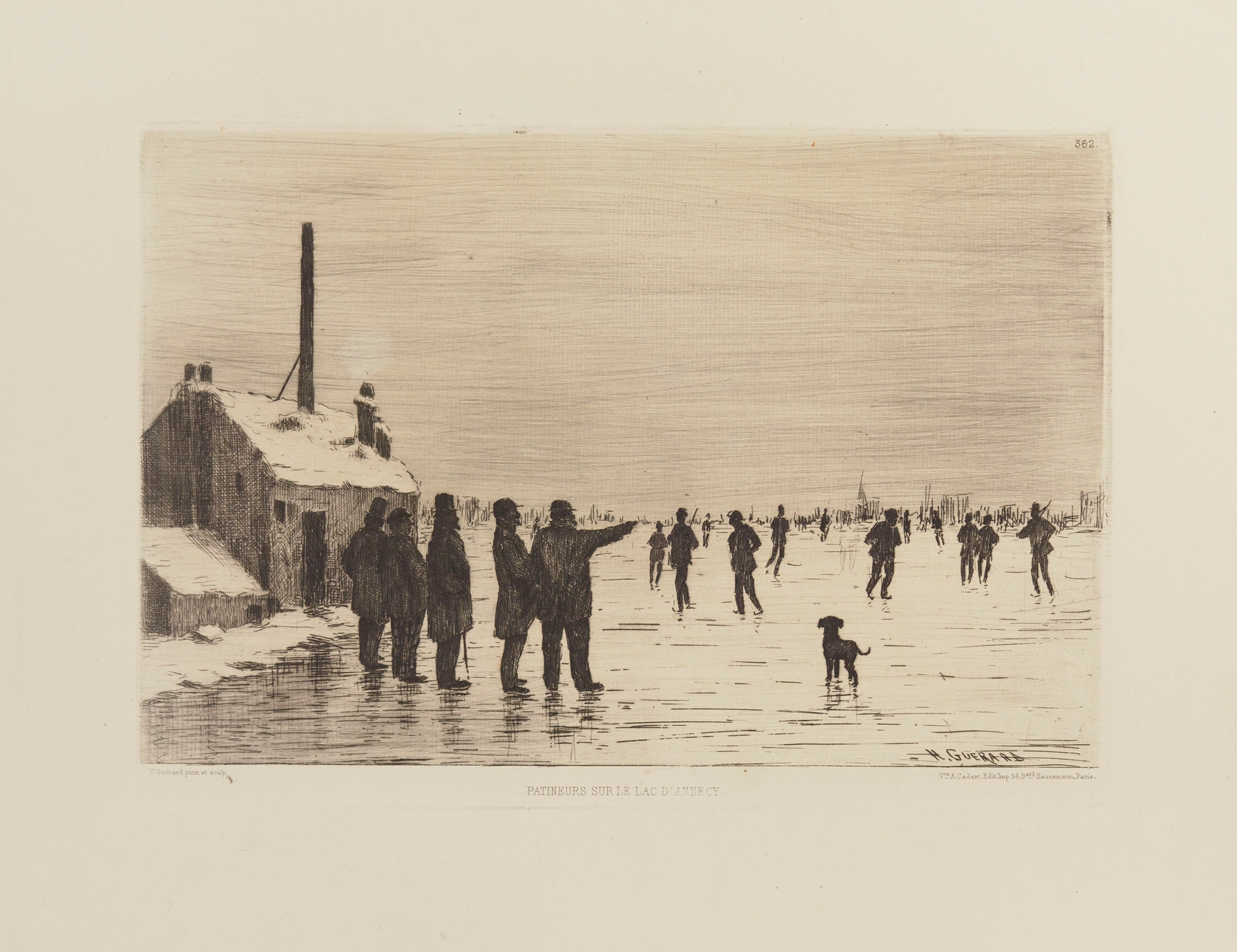 Winter landscape with skaters on ice, oil painting by Henri-Charles Guérard