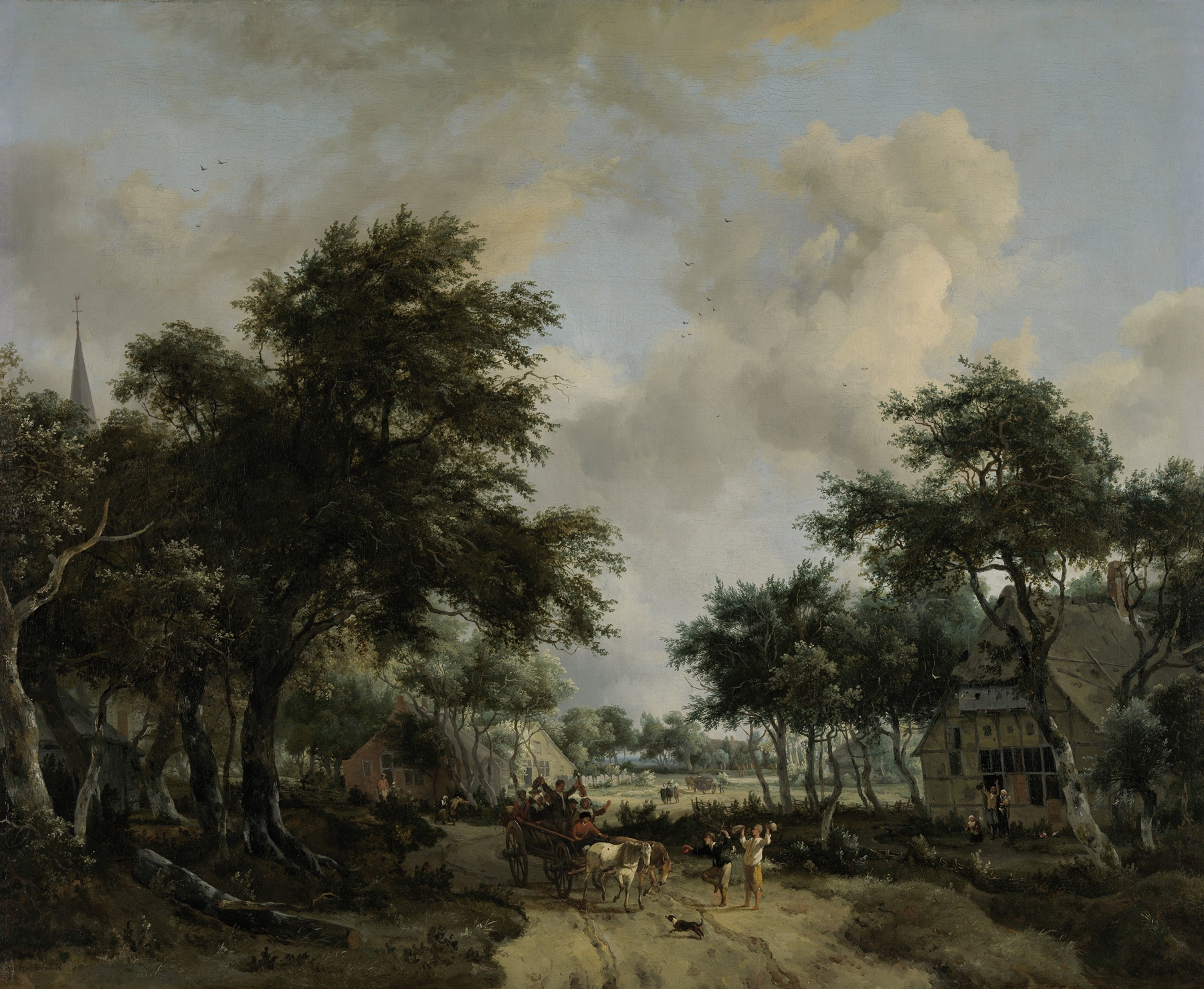 Wooded Landscape with Merrymakers in a Cart, by Meindert Hobbema, public domain