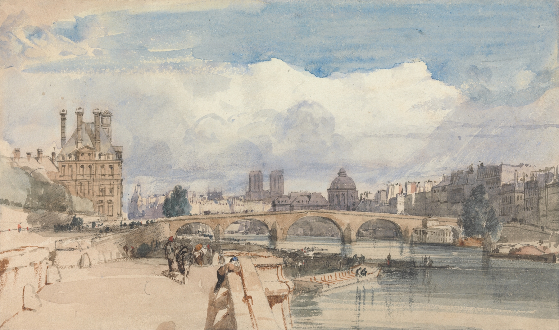 Le Pont Royal, Paris by Thomas Shotter Boys, oil on canvas, depicting a bridge at twilight.