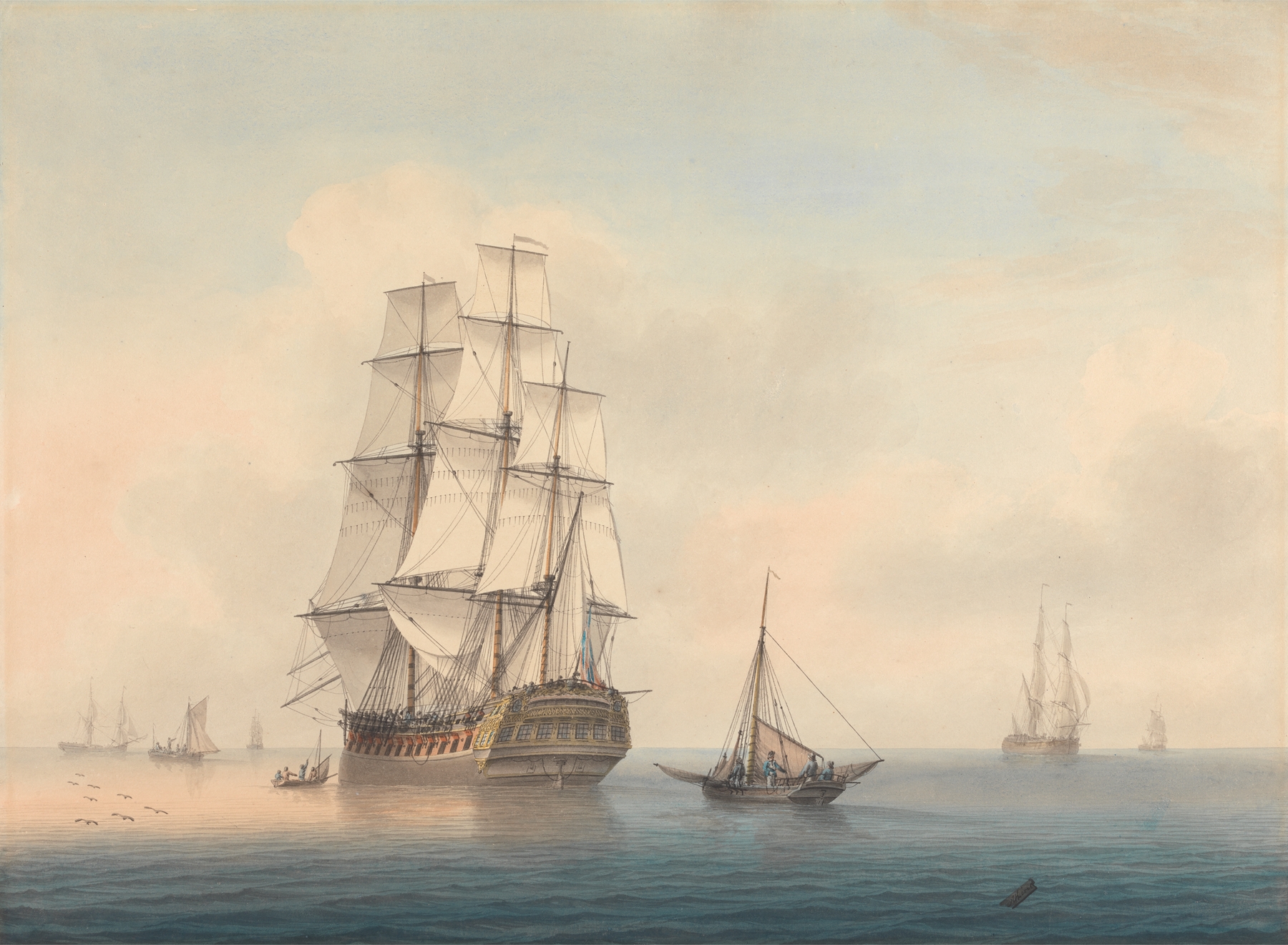 A Warship Preparing to Leave the Anchorage, oil on canvas by Samuel Atkins