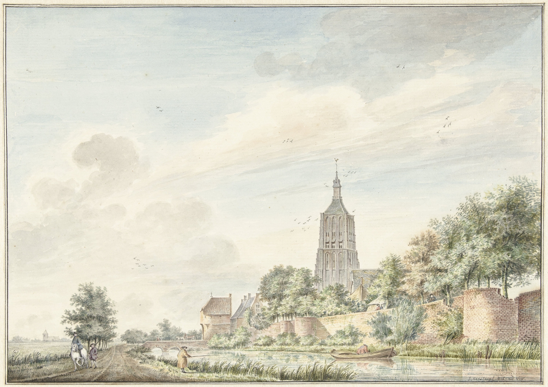 Landscape oil painting by Jacobus Versteegen depicting city walls and a skyline