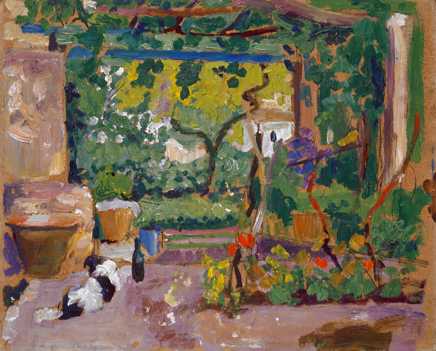 Southern Garden by Unknown Artist, romanticism, depicting a lush garden with vibrant flowers and dappled sunlight.