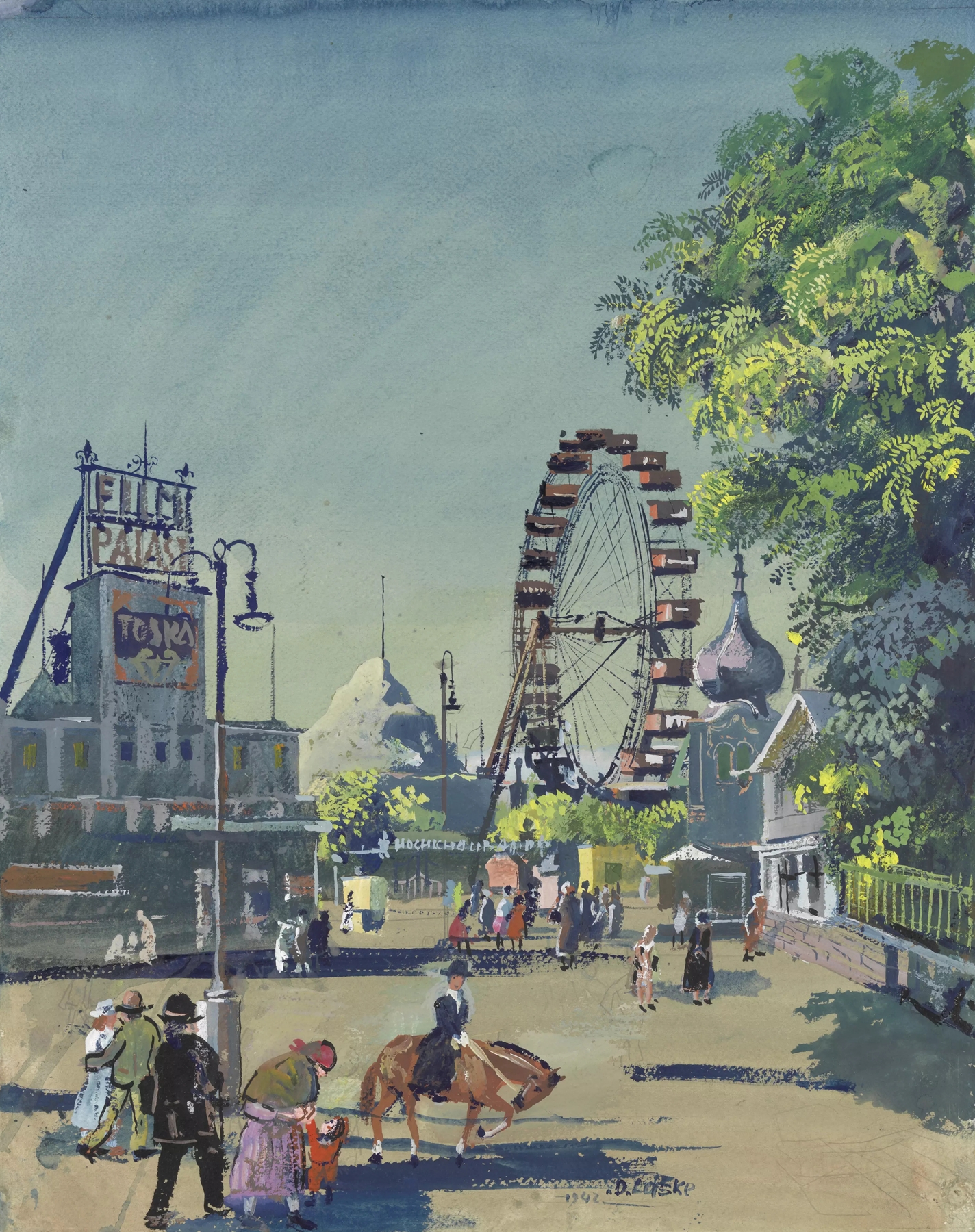 Genre scene depicting a ferris wheel at twilight by Oskar Laske, medium unknown.