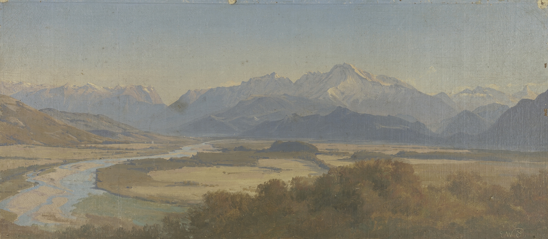 Mountainscape by Eduard Wilhelm Pose, oil on canvas depicting mountains and sky.