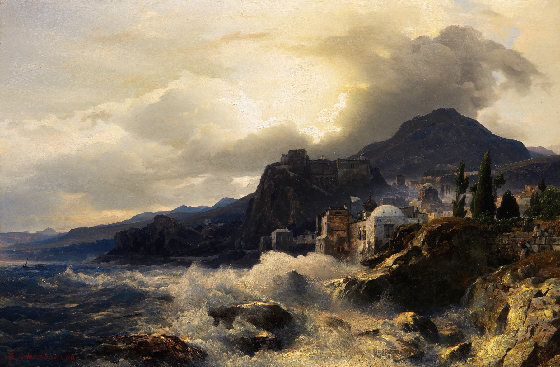 Abendstimmung an der griechischen Küste, by Andreas Achenbach, public domain