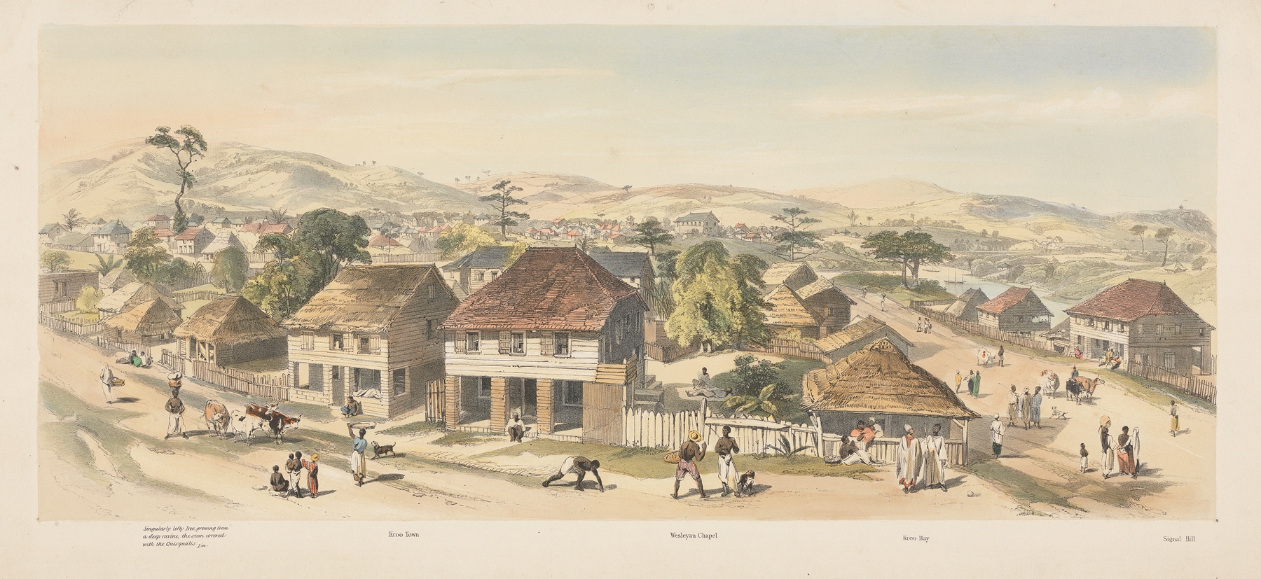 Freetown, Sierra Leone oil painting by Auguste François Laby depicting a vibrant marketplace.