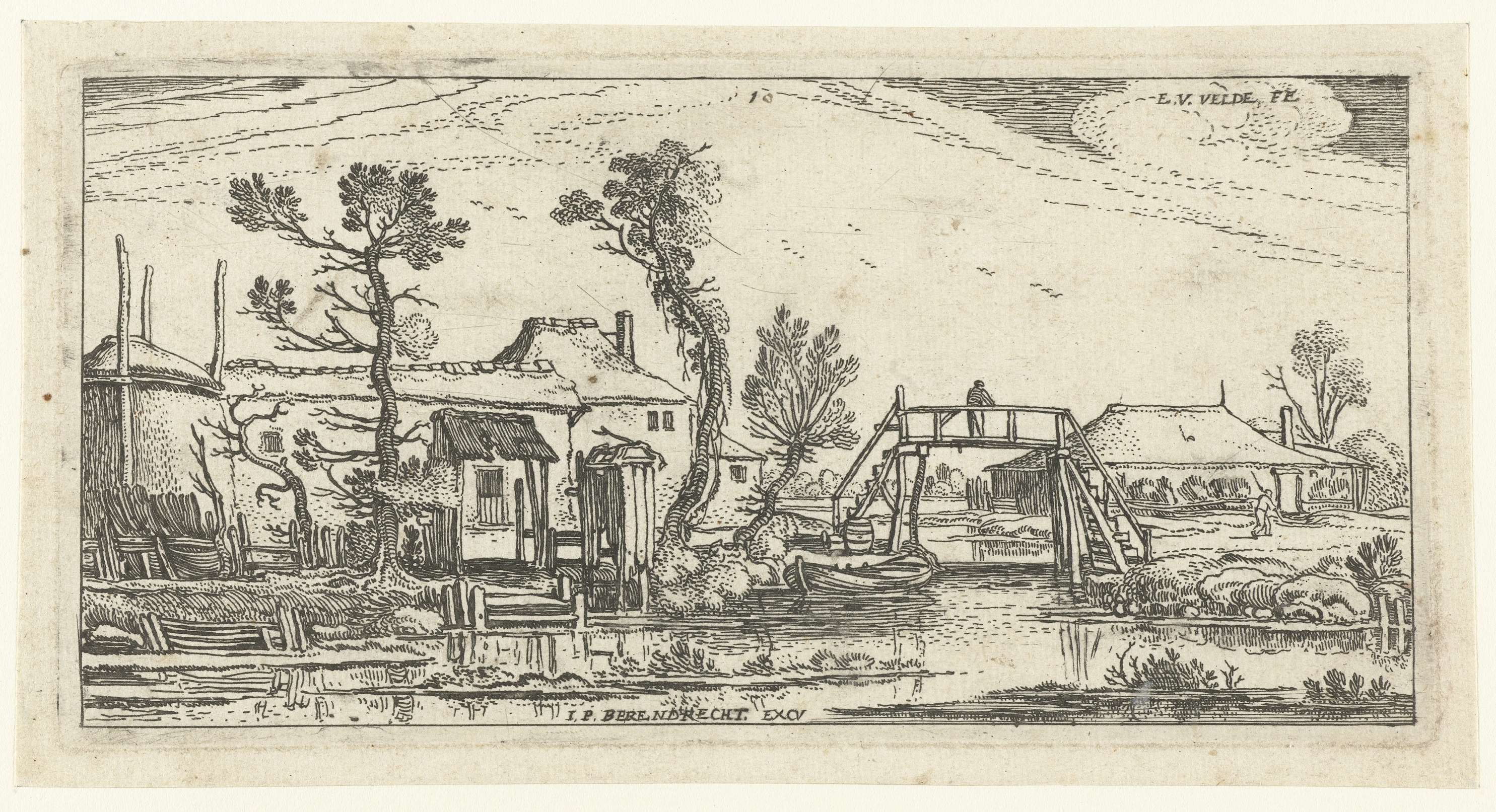Etching by Esaias van de Velde depicting a canal, farmhouse, and sunset
