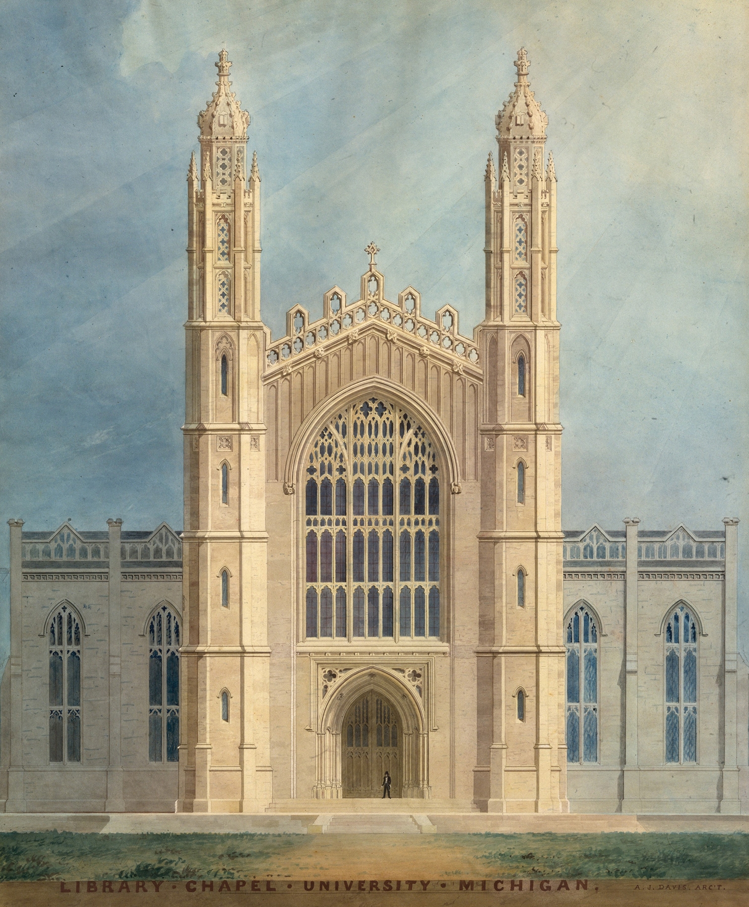 Library and Chapel, University of Michigan, Ann Arbor (front elevation), by Alexander Jackson Davis, public domain