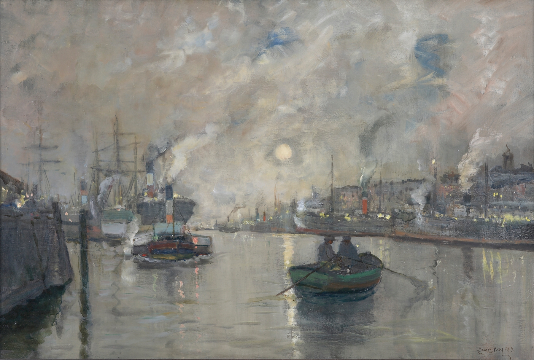 Nocturne, River Clyde by James Kay, oil on canvas depicting a twilight river landscape