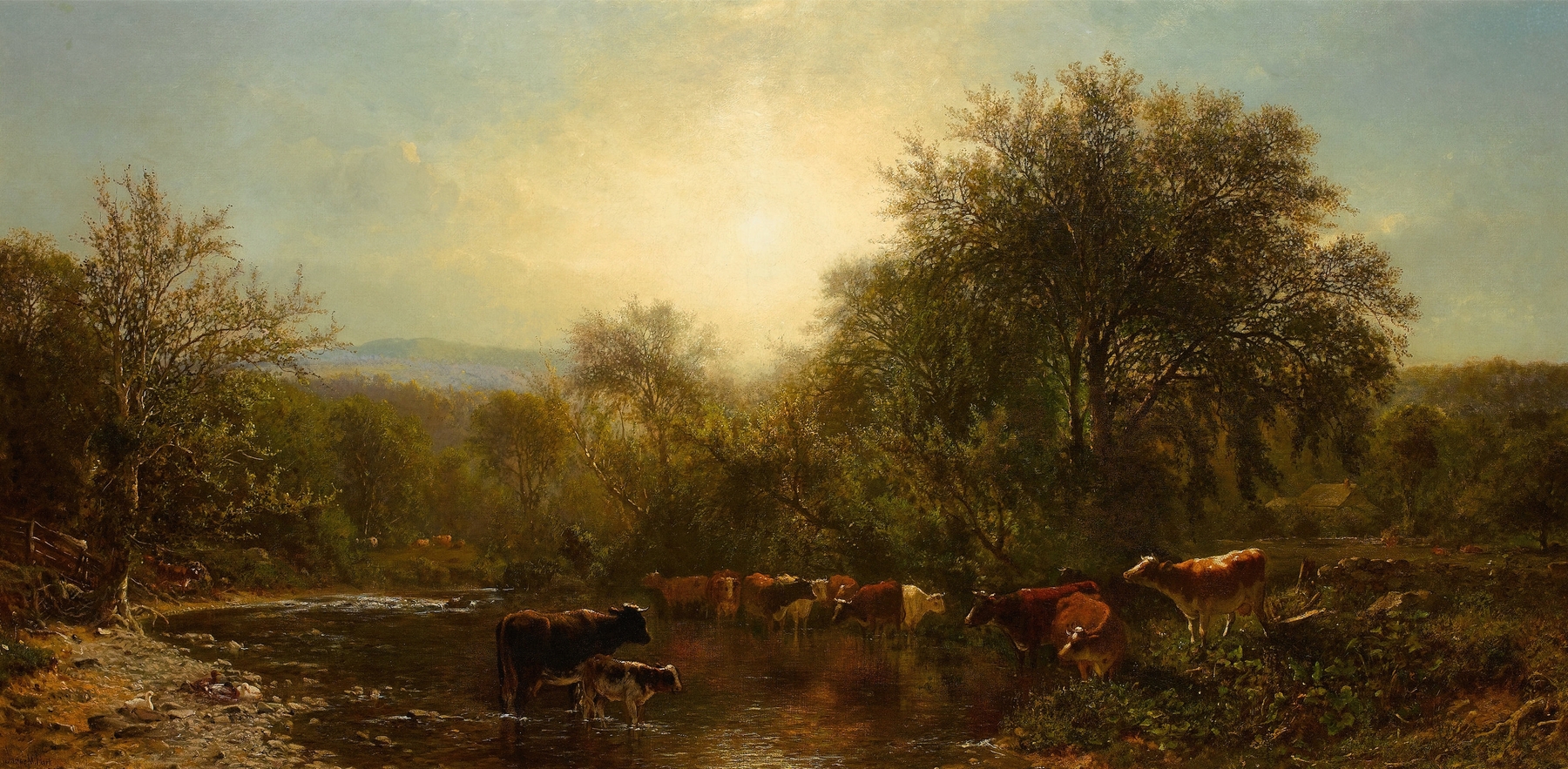 Cows Watering by James McDougal Hart, oil painting depicting cows by a stream