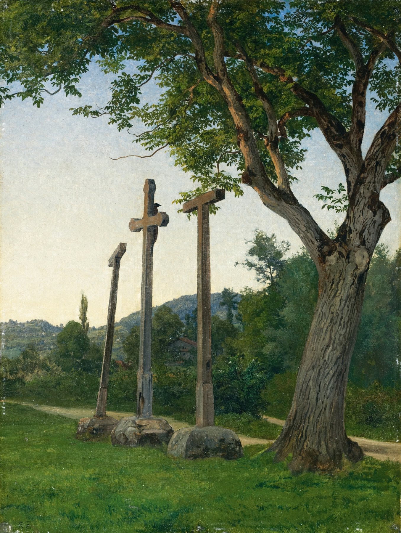 Three Crosses Along A Country Lane, oil on canvas by Robert Zünd
