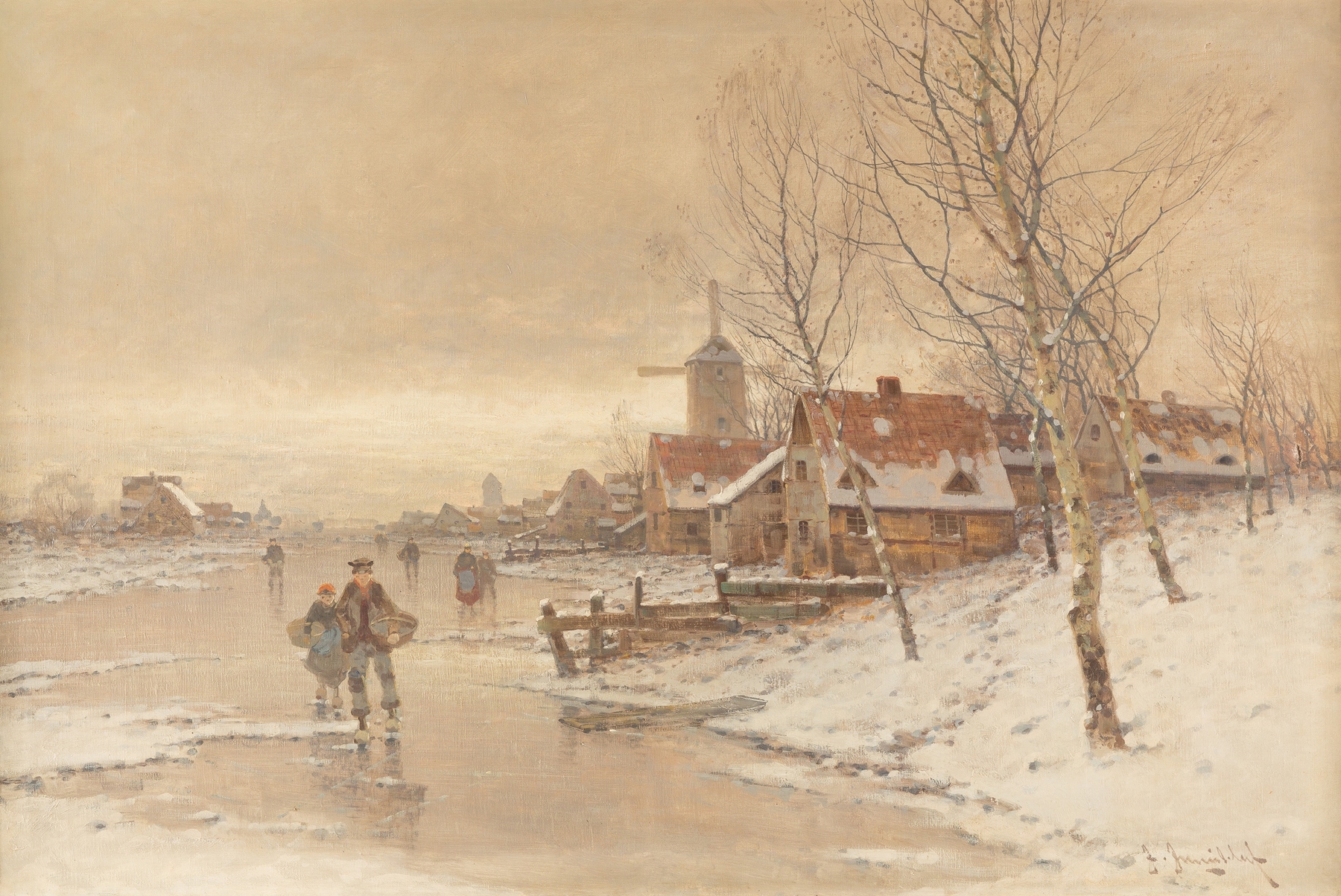 Winter landscape by Johann Jungblut, oil painting depicting snow-covered hills.