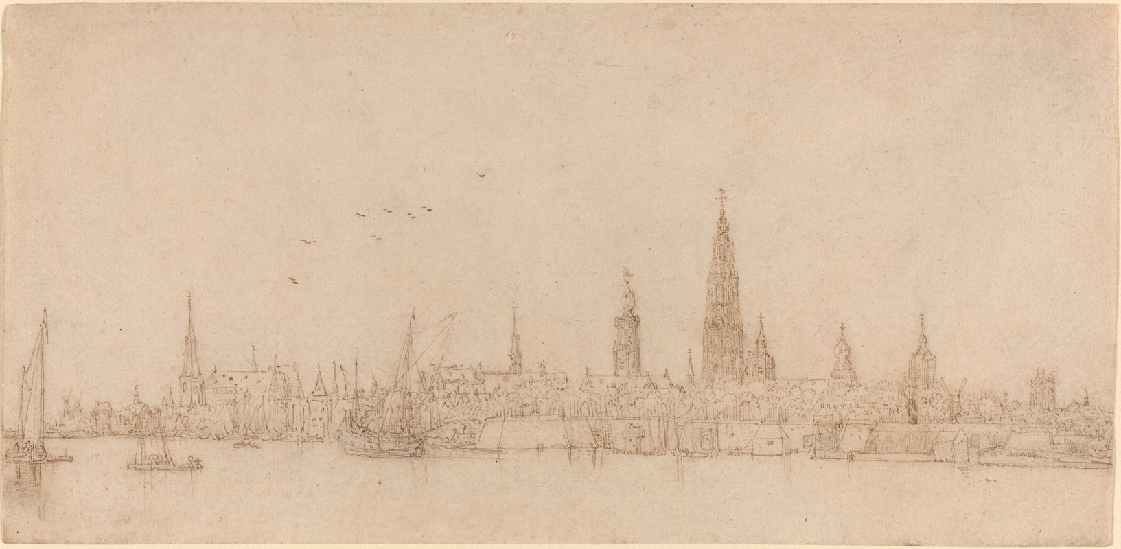 A detailed etching of Antwerp showcasing its architecture and waterways.