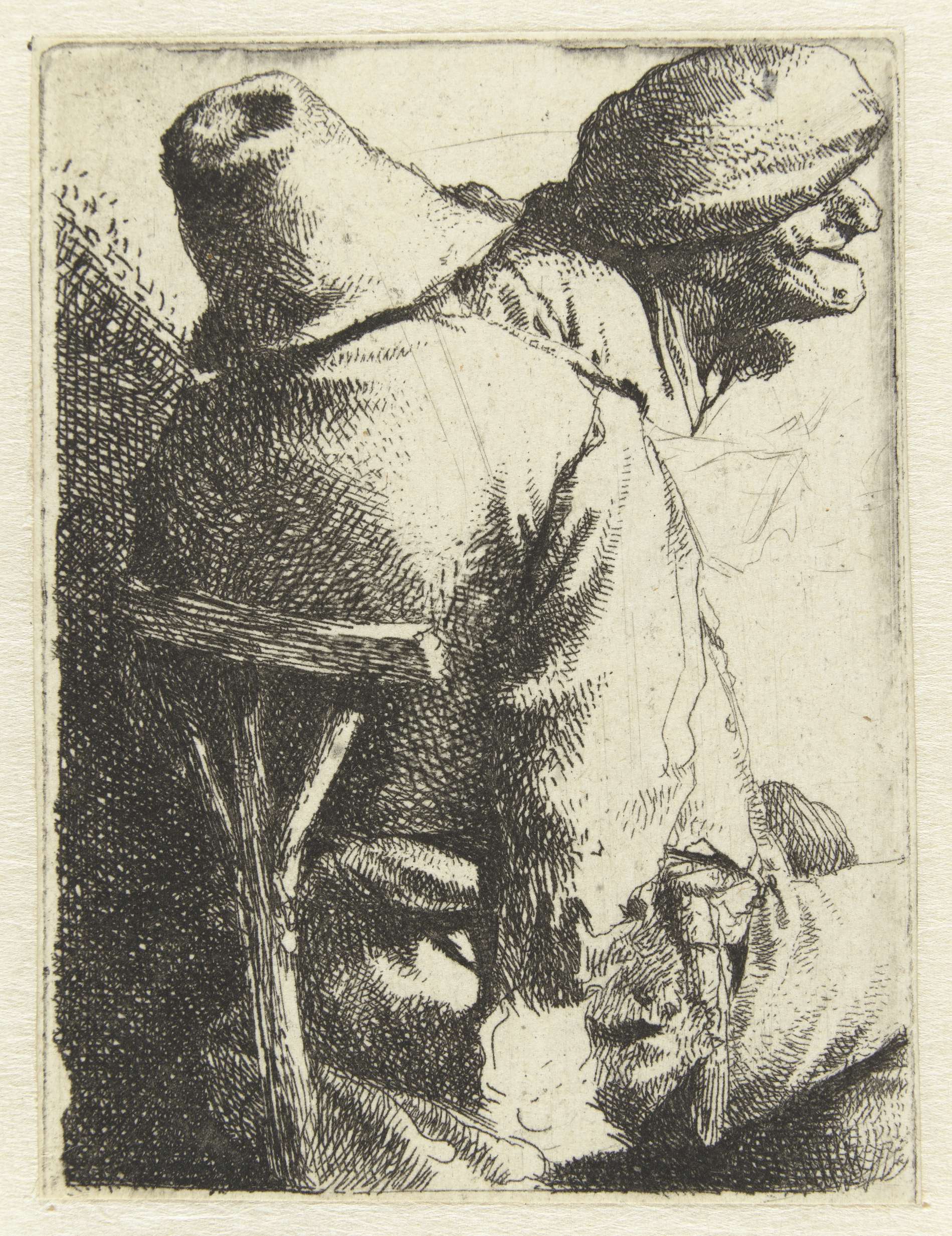Etching by Cornelis Pietersz. Bega depicting a figure with a hat and draped fabric.