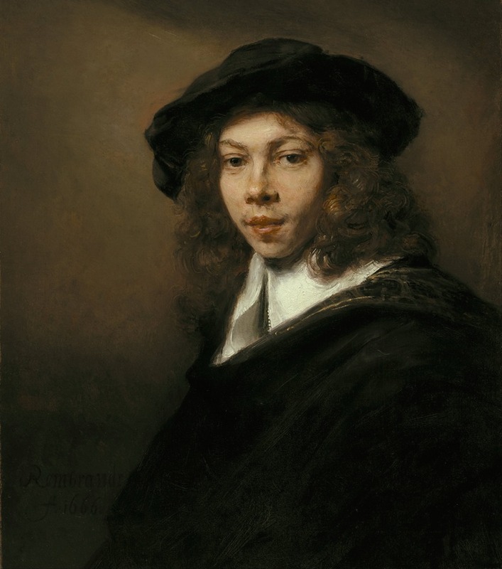 A young man wearing a black beret, painted by Rembrandt.