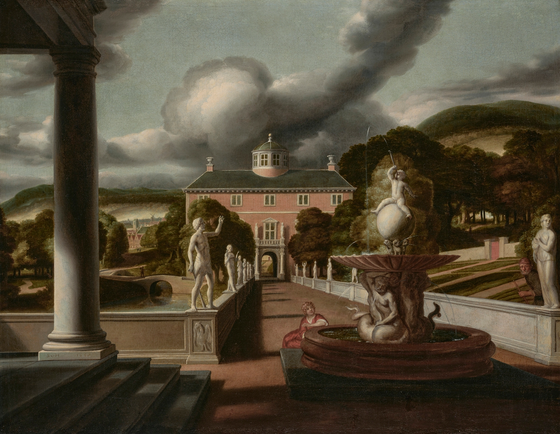 Genre scene with a woman by a fountain, oil painting by Samuel van Hoogstraten