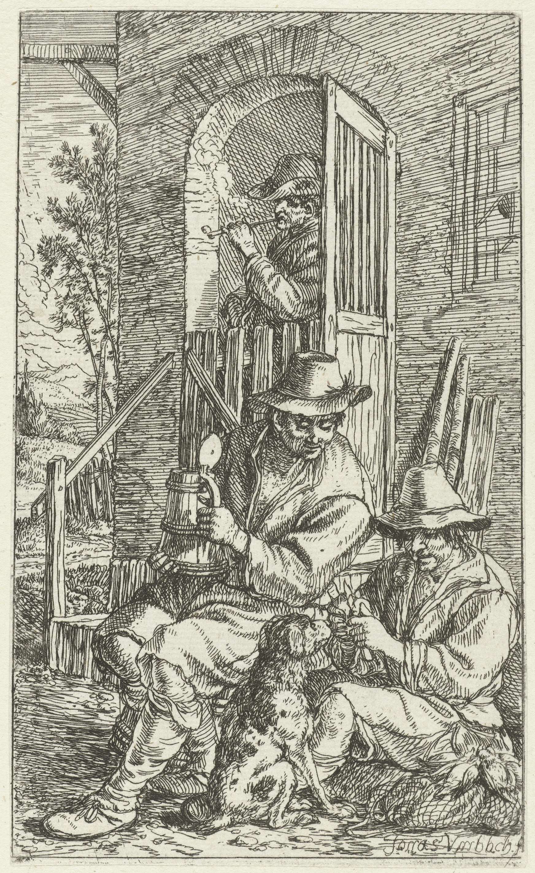 Etching by Jonas Umbach depicting two men conversing outside an inn with a dog.