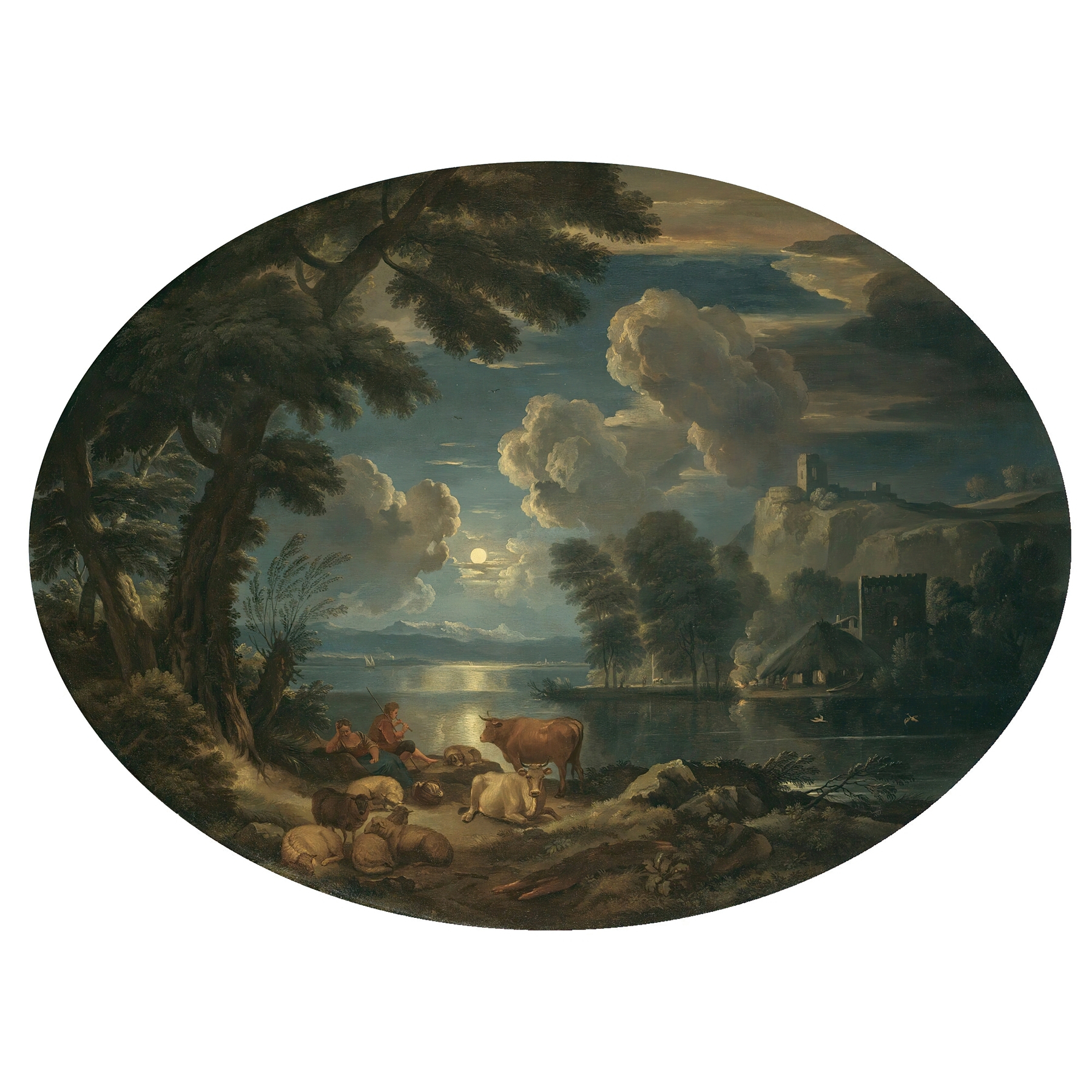 A Moonlit Scene With A Shepherd And Shepherdess Resting With Their Herd Beside A Lake, by Pieter Mulier the Younger, public domain